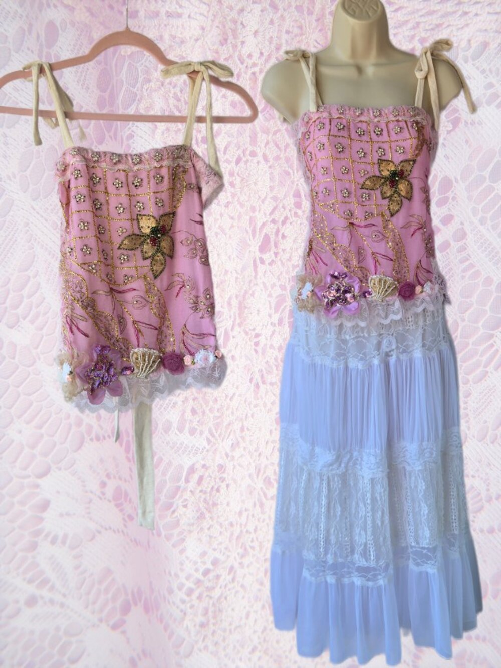 Handmade Cream Pink Gold Embroidered Lace Tube-Top Blouse Balletcore Style Med - Picture 2 of 13